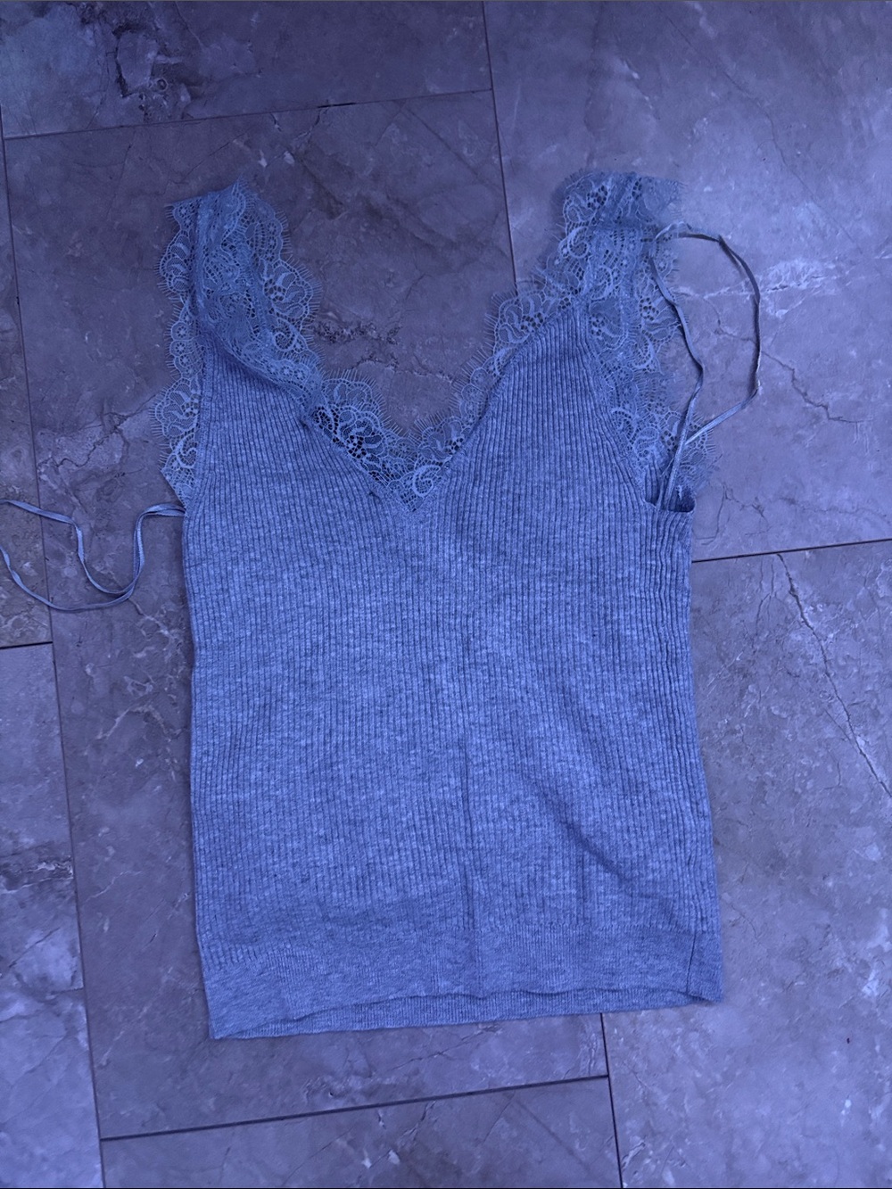 Ribbed Lace-Trim V-Neck Tank Top - Gray